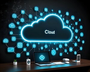 Cloud computing concept. Cloud service and internet of things concept with dark blank wallpaper with digital cloud symbol and technological icons. 3D rendering, mockup