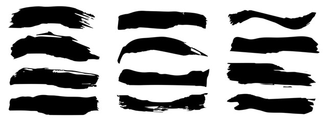 Wall Mural - Vector collection of artistic grungy black paint hand made creative brush stroke set isolated on banner background. A group of abstract grunge sketches for design education or graphic art decoration