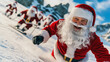 © olvius - a group of cheerful Santa Clauses skiing down the mountain,
