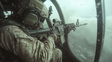 Wall Mural - A machine gunner sit on the starboard side of an armed helicopter