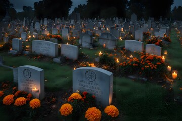 A panoramic cemetery scene with glowing graves marigolds and softly burning candles, Ai Generated