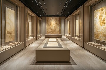 Modern art gallery with illuminated stone displays in elegant interior space