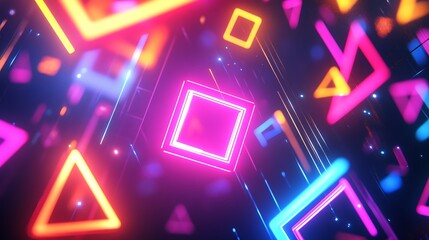 Bright neon geometric shapes creating an abstract pattern with squares triangles and circles