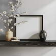 © studio XL - Black frame mockup in the living room, beige wall background with vase and sun shadow, minimalist soft style