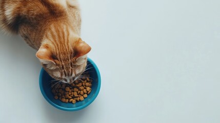 Fluffy orange cat eagerly eats from blue bowl filled with kibble. Cute kitty enjoy dry food inside cup. White studio background in minimalist style. Pet brands, animal care. Top view from above.