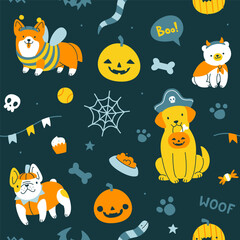 Wall Mural - Cute halloween pattern with adorable dogs in costume. Seamless vector halloween print for kids.