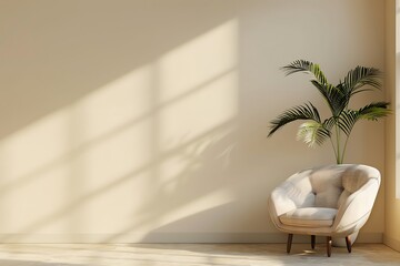 Stylish living room interior with an cozy armchair on empty cream color wall background