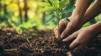 Close-up of hands planting a young tree in forest soil, symbolizing forest restoration and reforestation efforts.