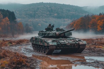 Modern battle tank driving on mud terrain during military exercise