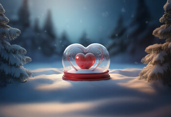 Poster - A red heart rests inside a snow globe on a snowy landscape with two pine trees in the background.