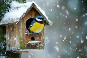 great tit staying warm in birdhouse during snowfall