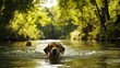 © 69 - Dog swimming and playing in a river on a sunny day, surrounded by green trees and the beauty of nature.