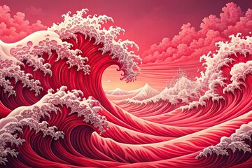 forced perspective red and pink ocean waves in a japanese style