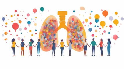 A flat illustration of a diverse group of people holding hands in front of large symbolic lungs, raising awareness together for pneumonia prevention, using vibrant colors and simple human figures 