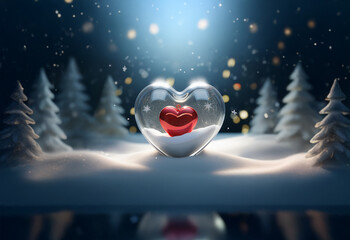 Wall Mural - A red heart encased in a glass heart sits in a snowy winter wonderland with pine trees and falling snow.