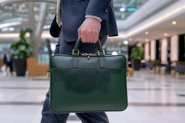 A businessman in a suit carries a green leather briefcase in a modern office building.