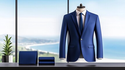 Formal work attire showcased in a modern office with a breathtaking view of a coastline, capturing the sleek and polished look essential for professional success