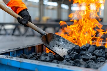 A worker in orange gloves uses a shovel to stir glowing embers in a metal container as flames lick the top of the pile.