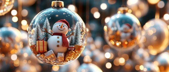 Snowman ornament with Christmas tree backdrop