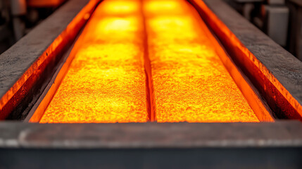 Wall Mural - Close-up of molten metal flowing in a steel casting mold, showcasing the intense orange glow and industrial process involved in metal production.