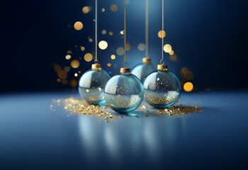 Sticker - Four clear glass ornaments with gold glitter inside hang by strings against a dark blue background, surrounded by gold glitter.