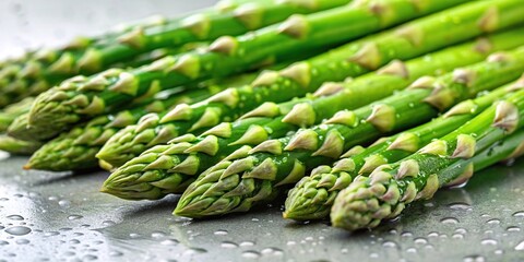 Wall Mural - Fresh asparagus spears with water droplets at a tilted angle