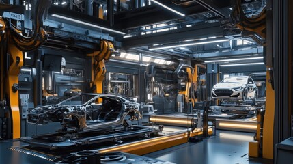 Wall Mural - Auto factory interior with machinery, conveyor belts, and car frames being assembled by high-tech robotics.