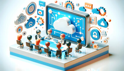 3D Virtual Meeting Cloud Integration Concept Screen Sharing Workflows Abstract Bokeh Accents Icon Isolated White Background