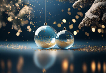 Wall Mural - Two glass ornaments with gold glitter inside on a blue surface with out-of-focus lights and snow-covered branches in the background.