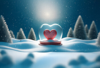 a red heart sits in a snow globe in a snowy winter forest.