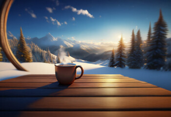 Poster - A steaming cup of coffee sits on a wooden table overlooking a snow-covered mountain range with a warm sunrise in the background.