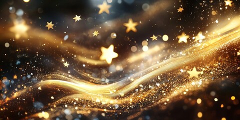 Wall Mural - Abstract golden wave with sparkling particles and glowing stars on a dark background