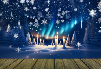 Sticker - A winter wonderland scene with snow-covered trees and a wooden plank floor in the foreground. The sky is filled with twinkling lights and a vibrant aurora borealis.