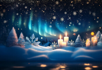 Sticker - A snowy winter landscape with lit candles, frosted trees, and a vibrant aurora borealis in the night sky.