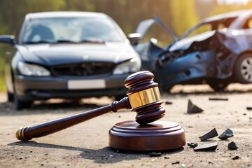 Car accident scene with a gavel in the foreground, concept of law and accidents. Damaged vehicles after crash, symbolizing legal consequences and insurance claims.