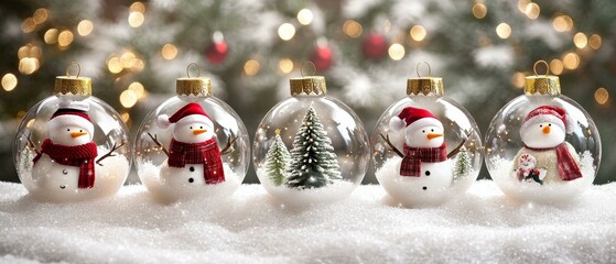 Wall Mural - Snowmen lined up with Christmas tree backdrop