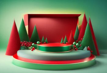 Poster - A festive 3D rendering with a green, red, and gold platform in front of a red box and green trees.