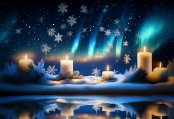 Aufkleber - Four lit candles stand in the snow with a reflection in the water below, surrounded by pine branches and snowflakes with the aurora borealis overhead.