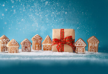 Canvas Print - A row of gingerbread houses sits on a snowy surface with a large gift box in the center. The scene is set against a light blue background with falling snow.