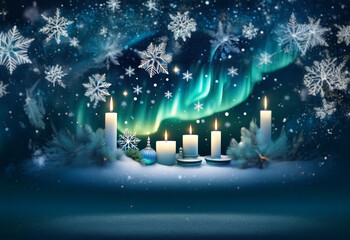 Wall Mural - A scene of burning candles with the aurora borealis in the background, surrounded by snow and snowflakes.