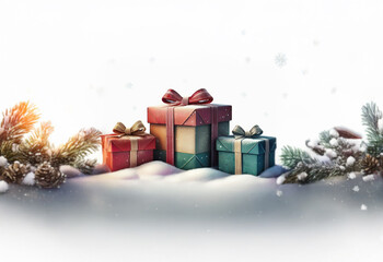 Wall Mural - Three wrapped presents sit on a snowy hill with pine branches on either side. Snow falls in the background.