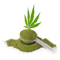 Poster - Hemp protein powder, scoop and leaf on white background