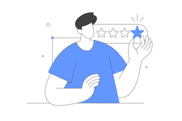 feedback and review concept. character giving positive feedback. 5 stars. rating scale and customer 