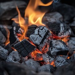 Leinwandbilder - A background showing flames burning brightly, with charcoal used for barbecuing.