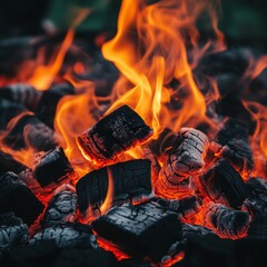 Leinwandbilder - A background showing flames burning brightly, with charcoal used for barbecuing.