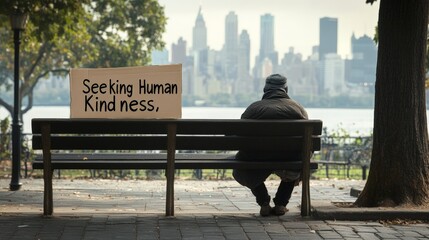 A beggar holding a simple cardboard sign reading 