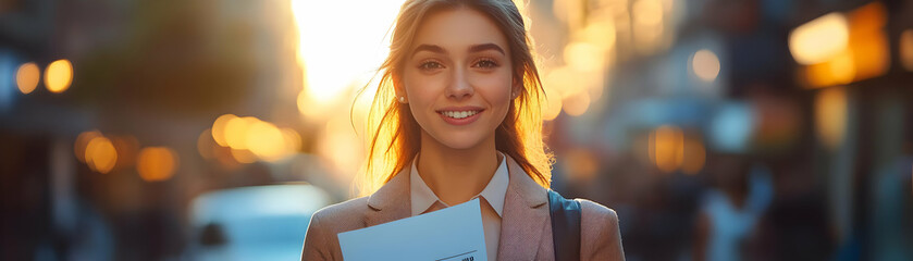 Candid Businesswoman Distributing Discount Flyers on Busy City Street Natural Light Engaging Smile Dynamic Environment Isolated Background Photo Stock Concept