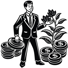 Investment growth: businessman growing wealth with coins, focusing on financial independence and profit