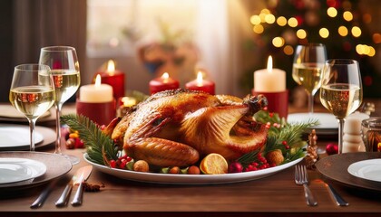  Traditional festive dinner with delicious roasted turkey served on table