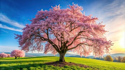 Wall Mural - Cherry blossom tree in spring landscape with sakura blooming